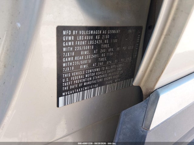 45951239 :رقم المزاد ، WVGAV7AXXCW515188 vin ، 2012 Volkswagen Tiguan Se مزاد بيع