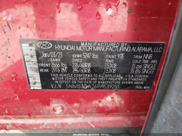 Продаж на аукціоні авто 2023 Hyundai Santa Fe Sel, vin: 5NMS2DAJ6PH539251, номер лоту: 45951246