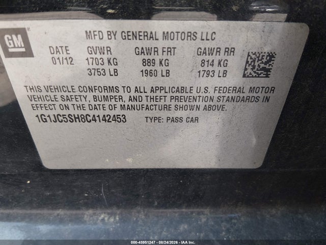 Продажа на аукционе авто 2012 Chevrolet Sonic 2lt, vin: 1G1JC5SH8C4142453, номер лота: 45951247