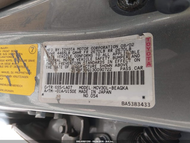 45951250 :رقم المزاد ، JTHBF30G130090722 vin ، 2003 Lexus Es 300 مزاد بيع