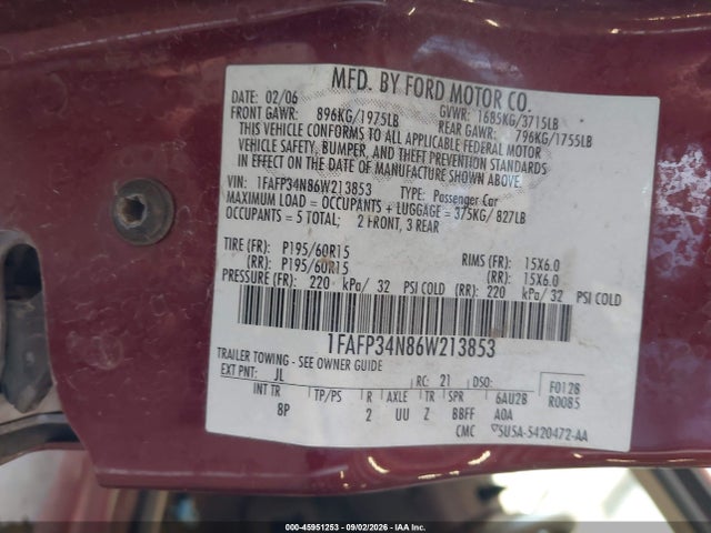 Продаж на аукціоні авто 2006 Ford Focus Zx4, vin: 1FAFP34N86W213853, номер лоту: 45951253