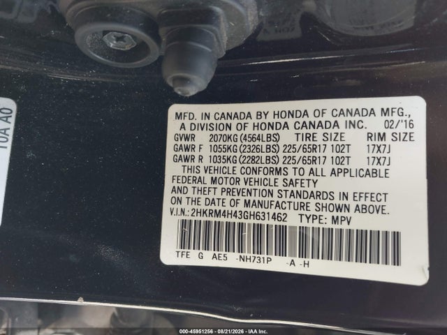 2016 Honda Cr-v Se მანქანა იყიდება აუქციონზე, vin: 2HKRM4H43GH631462, აუქციონის ნომერი: 45951256