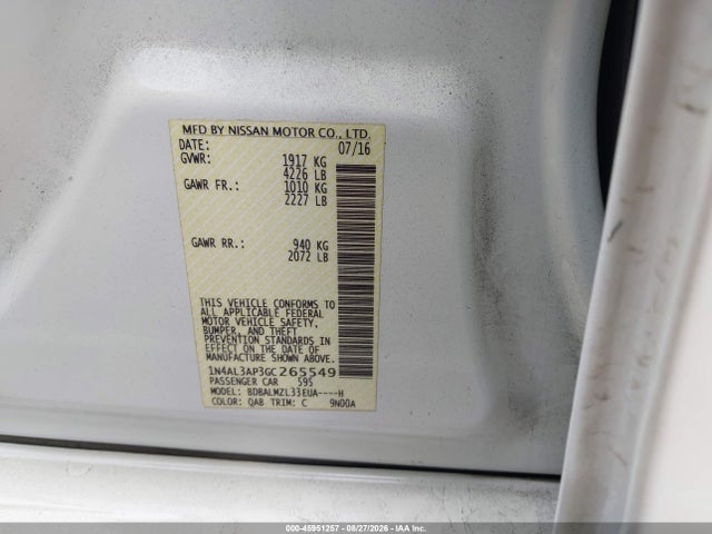 45951257 :رقم المزاد ، 1N4AL3AP3GC265549 vin ، 2016 Nissan Altima 2.5 Sv مزاد بيع