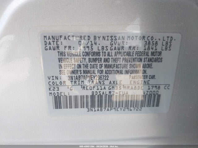 Aukcja sprzedaży 2014 Nissan Sentra Sr, vin: 3N1AB7AP9EY296722, numer aukcji: 45951264