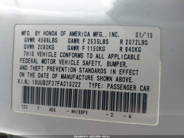 2015 Acura Tlx V6 მანქანა იყიდება აუქციონზე, vin: 19UUB2F37FA015222, აუქციონის ნომერი: 45951274