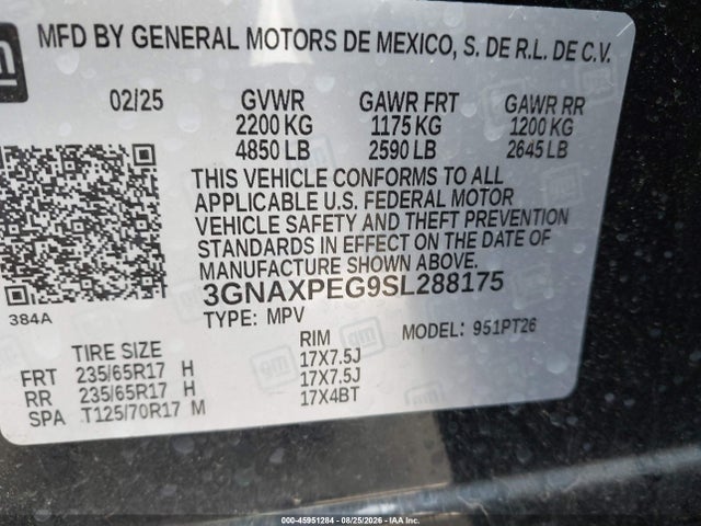 45951284 :رقم المزاد ، 3GNAXPEG9SL288175 vin ، 2025 Chevrolet Equinox Awd Lt مزاد بيع