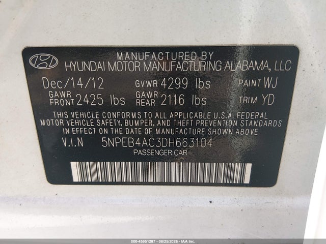 45951287 :رقم المزاد ، 5NPEB4AC3DH663104 vin ، 2013 Hyundai Sonata Gls مزاد بيع