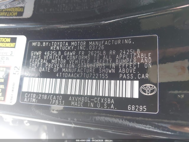 Продажа на аукционе авто 2026 Toyota Camry Se, vin: 4T1DAACK7TU722155, номер лота: 45951288