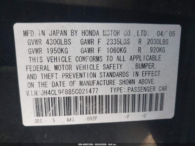 2005 Acura Tsx მანქანა იყიდება აუქციონზე, vin: JH4CL96885C021477, აუქციონის ნომერი: 45951295