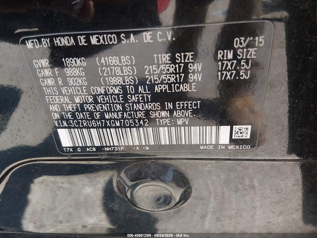 Aukcja sprzedaży 2016 Honda Hr-v Ex-l, vin: 3CZRU6H7XGM705342, numer aukcji: 45951299