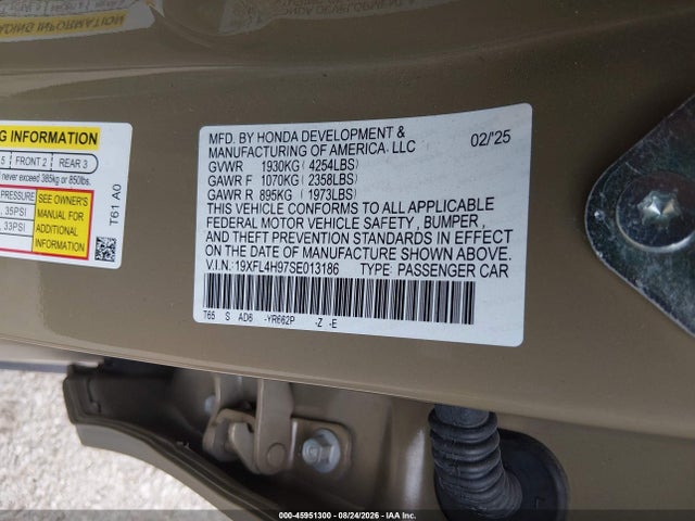 Продаж на аукціоні авто 2025 Honda Civic Hybrid Sport Touring, vin: 19XFL4H97SE013186, номер лоту: 45951300
