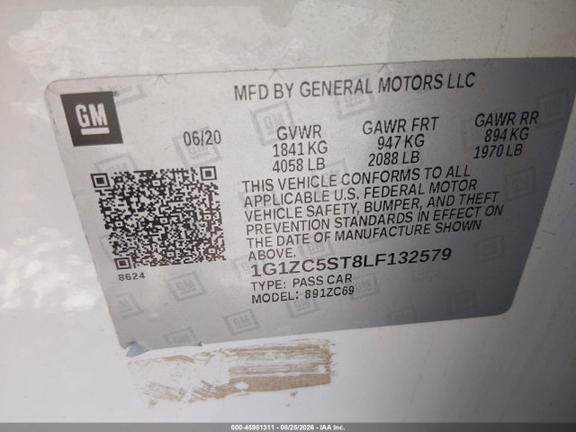 45951311 :رقم المزاد ، 1G1ZC5ST8LF132579 vin ، 2020 Chevrolet Malibu Fwd 1fl مزاد بيع