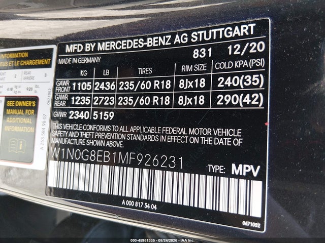Продажа на аукционе авто 2021 Mercedes-benz Glc 300 4matic Suv, vin: W1N0G8EB1MF926231, номер лота: 45951335