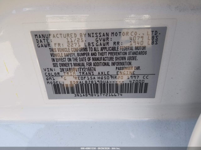 45951338 :رقم المزاد ، 3N1AB9BV1TY216674 vin ، 2026 Nissan Sentra S مزاد بيع