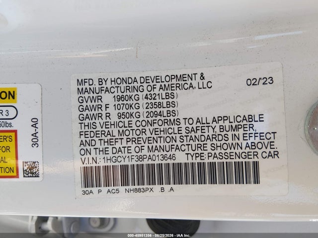 Продажа на аукционе авто 2023 Honda Accord Ex, vin: 1HGCY1F38PA013646, номер лота: 45951356