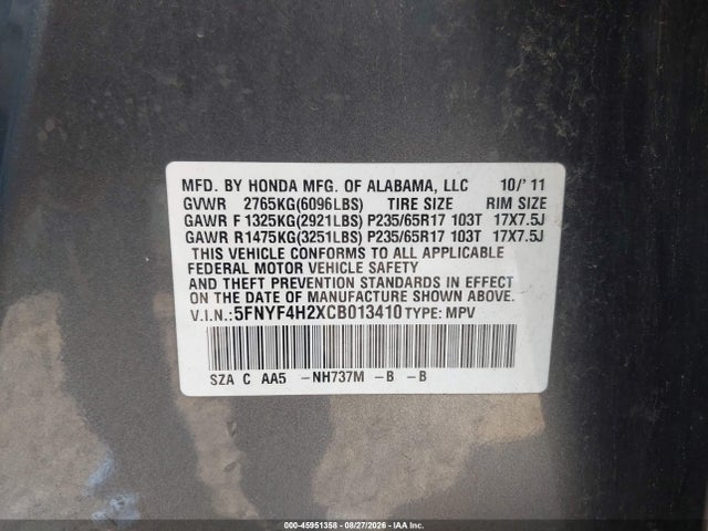 2012 Honda Pilot Lx მანქანა იყიდება აუქციონზე, vin: 5FNYF4H2XCB013410, აუქციონის ნომერი: 45951358