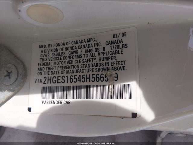 2005 Honda Civic Lx მანქანა იყიდება აუქციონზე, vin: 2HGES16545H566529, აუქციონის ნომერი: 45951362