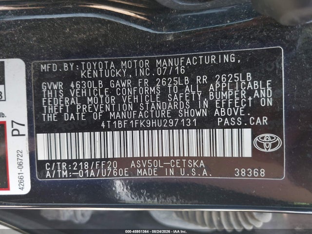 2017 Toyota Camry Se მანქანა იყიდება აუქციონზე, vin: 4T1BF1FK9HU297131, აუქციონის ნომერი: 45951364