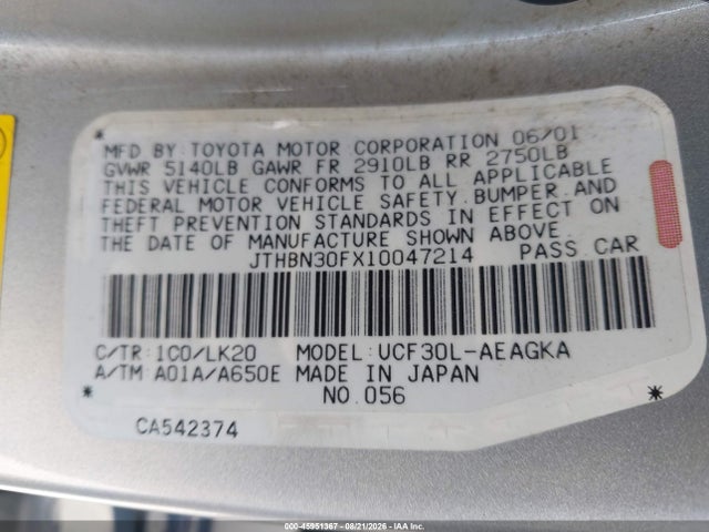 45951367 :رقم المزاد ، JTHBN30FX10047214 vin ، 2001 Lexus Ls 430 مزاد بيع