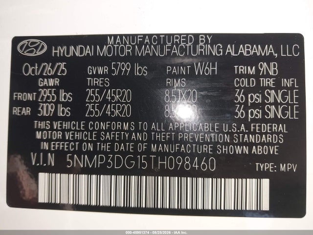 45951374 :رقم المزاد ، 5NMP3DG15TH098460 vin ، 2026 Hyundai Santa Fe Hybrid Limited مزاد بيع