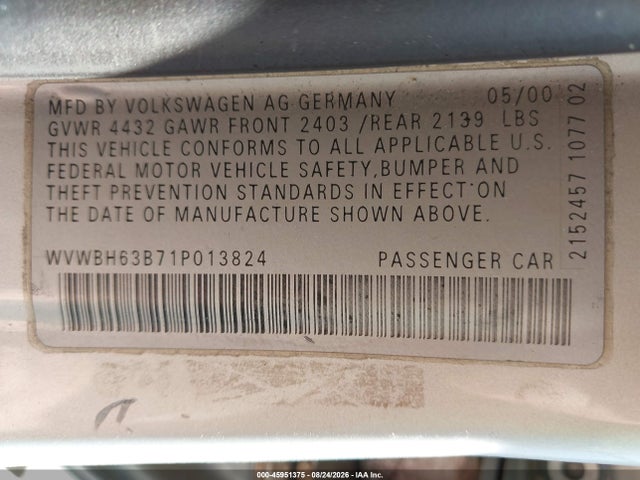 45951375 :رقم المزاد ، WVWBH63B71P013824 vin ، 2001 Volkswagen Passat Glx مزاد بيع