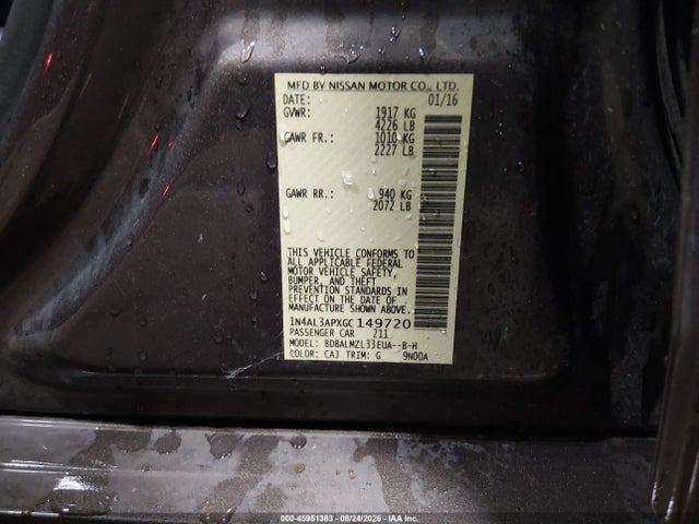 Продажа на аукционе авто 2016 Nissan Altima 2.5 Sv, vin: 1N4AL3APXGC149720, номер лота: 45951383