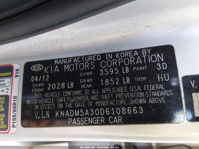 45951395 :رقم المزاد ، KNADM5A30D6108663 vin ، 2013 Kia Rio Lx مزاد بيع