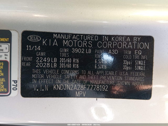 45951438 :رقم المزاد ، KNDJN2A28F7778192 vin ، 2015 Kia Soul مزاد بيع