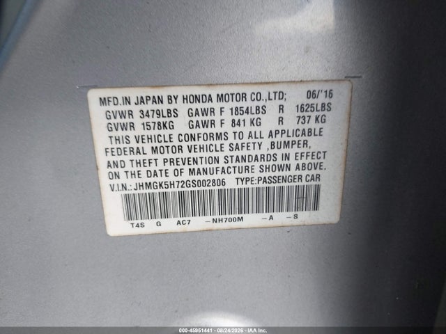 45951441 :رقم المزاد ، JHMGK5H72GS002806 vin ، 2016 Honda Fit Ex مزاد بيع