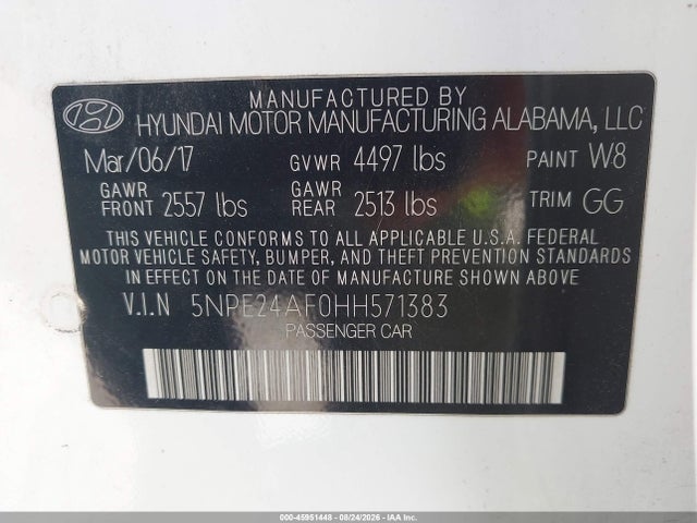 Продаж на аукціоні авто 2017 Hyundai Sonata Se, vin: 5NPE24AF0HH571383, номер лоту: 45951448