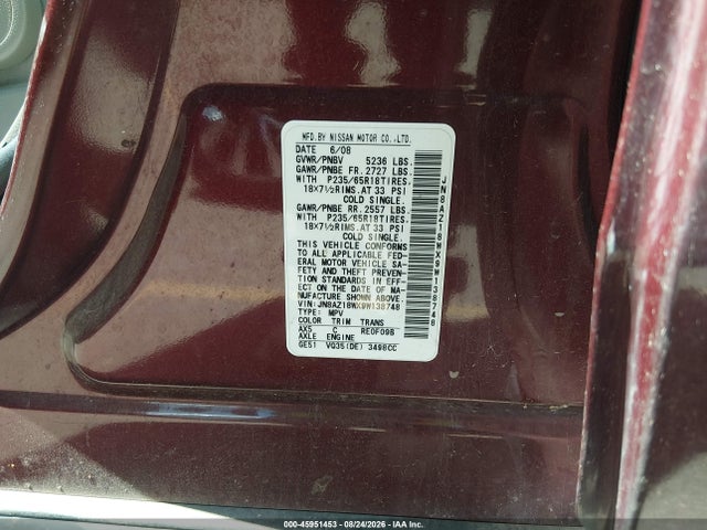 Aukcja sprzedaży 2009 Nissan Murano S, vin: JN8AZ18WX9W138748, numer aukcji: 45951453