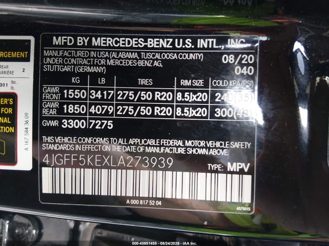 Продажа на аукционе авто 2020 Mercedes-benz Gls 450 4matic, vin: 4JGFF5KEXLA273939, номер лота: 45951458