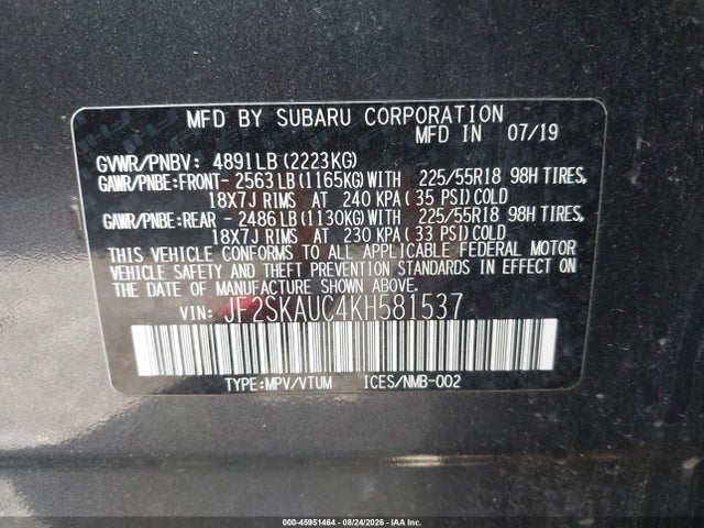 Продаж на аукціоні авто 2019 Subaru Forester Limited, vin: JF2SKAUC4KH581537, номер лоту: 45951464