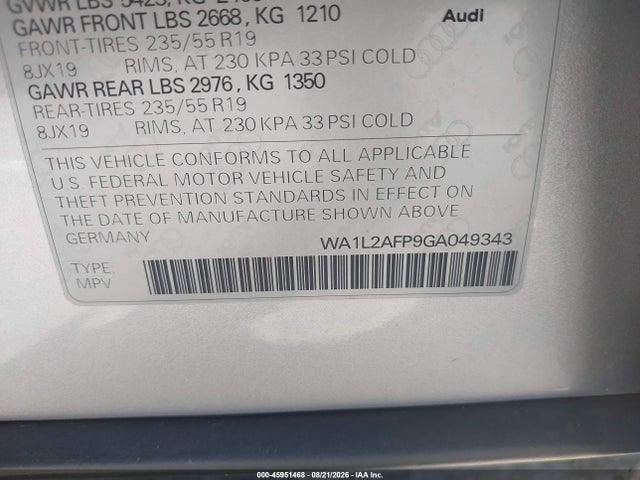 WA1L2AFP9GA049343 Audi Q5 2.0t Premium
