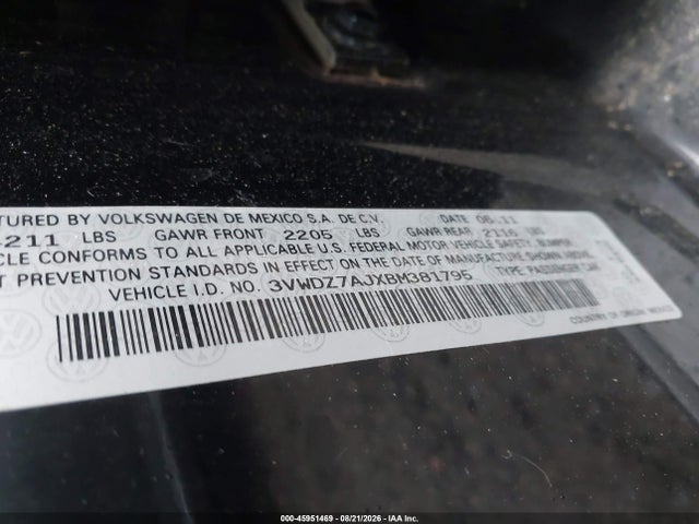 2011 Volkswagen Jetta 2.5l Se მანქანა იყიდება აუქციონზე, vin: 3VWDZ7AJXBM381795, აუქციონის ნომერი: 45951469