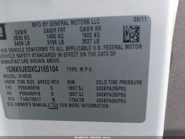 45951470 :رقم المزاد ، 1GNKVJEDXCJ165104 vin ، 2012 Chevrolet Traverse Lt W/2lt مزاد بيع