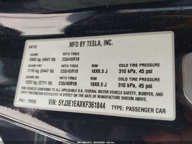 45951473 :رقم المزاد ، 5YJ3E1EAXKF361844 vin ، 2019 Tesla Model 3 Long Range/mid Range/standard Range/standard Range Plus مزاد بيع