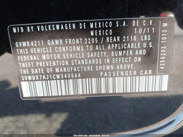 Продаж на аукціоні авто 2012 Volkswagen Jetta 2.5l Se, vin: 3VWDX7AJ1CM340544, номер лоту: 45951489