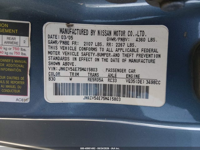 Aukcja sprzedaży 2005 Infiniti G35, vin: JNKCV54E75M415803, numer aukcji: 45951492