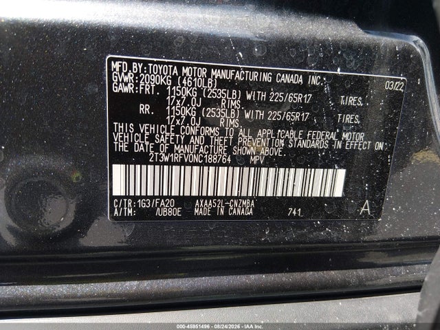 Продаж на аукціоні авто 2022 Toyota Rav4 Xle, vin: 2T3W1RFV0NC188764, номер лоту: 45951496