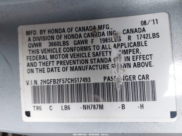 2012 Honda Civic Lx მანქანა იყიდება აუქციონზე, vin: 2HGFB2F57CH517493, აუქციონის ნომერი: 45951502