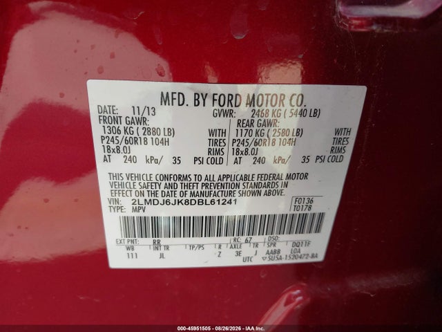 Auction sale of the 2013 Lincoln Mkx, vin: 2LMDJ6JK8DBL61241, lot number: 45951505