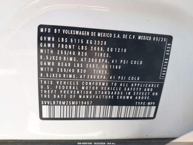 2025 Volkswagen Tiguan 2.0t Sel R-line მანქანა იყიდება აუქციონზე, vin: 3VVLR7RM2SM019457, აუქციონის ნომერი: 45951508