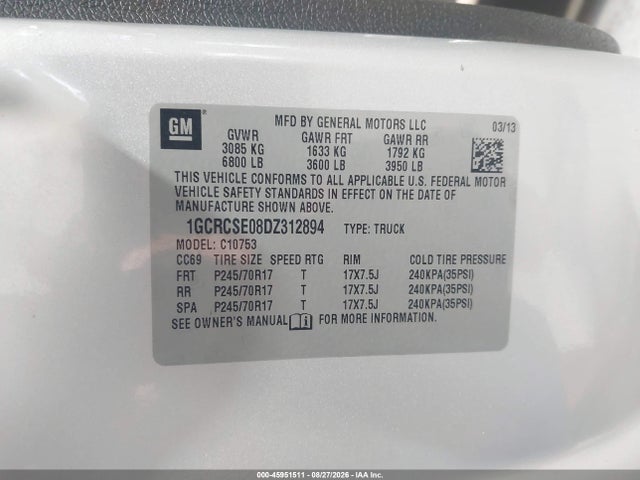 2013 Chevrolet Silverado 1500 Lt მანქანა იყიდება აუქციონზე, vin: 1GCRCSE08DZ312894, აუქციონის ნომერი: 45951511