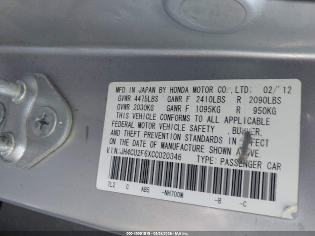 45951519 :رقم المزاد ، JH4CU2F6XCC020346 vin ، 2012 Acura Tsx 2.4 مزاد بيع