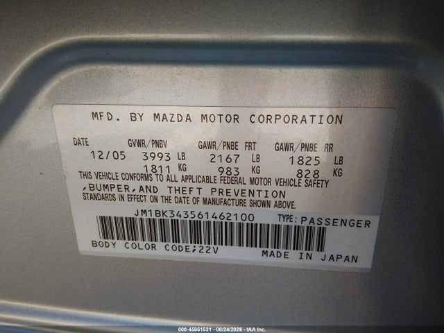 Продаж на аукціоні авто 2006 Mazda Mazda3 S Grand Touring, vin: JM1BK343561462100, номер лоту: 45951531