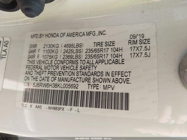 45951538 :رقم المزاد ، 5J6RW6H38KL005692 vin ، 2019 Honda Cr-v Lx مزاد بيع