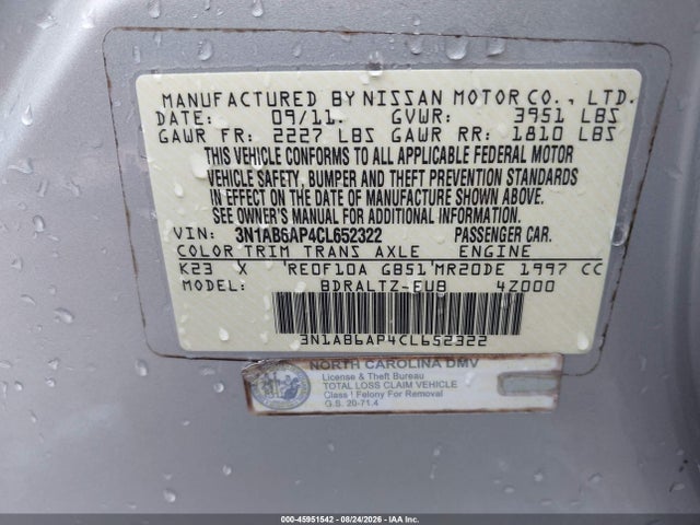 Aukcja sprzedaży 2012 Nissan Sentra 2.0 Sr, vin: 3N1AB6AP4CL652322, numer aukcji: 45951542