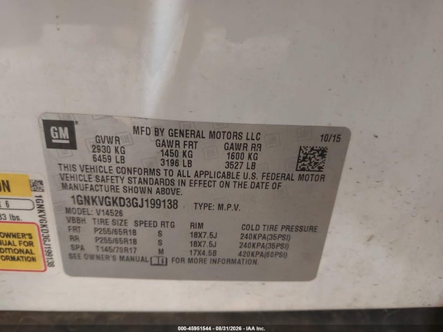 Продажа на аукционе авто 2016 Chevrolet Traverse Lt, vin: 1GNKVGKD3GJ199138, номер лота: 45951544