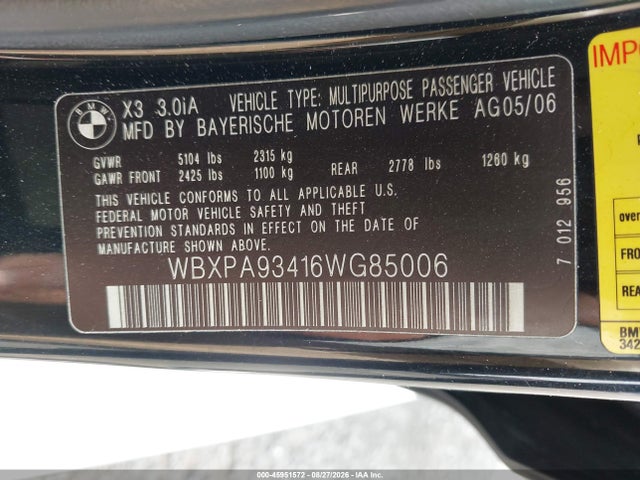Aukcja sprzedaży 2006 Bmw X3 3.0i, vin: WBXPA93416WG85006, numer aukcji: 45951572